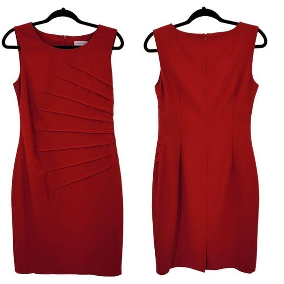 Calvin Klein Sleeveless Sheath Dress 6 Red Starburst Ruched Tea Length Holiday - Picture 1 of 12